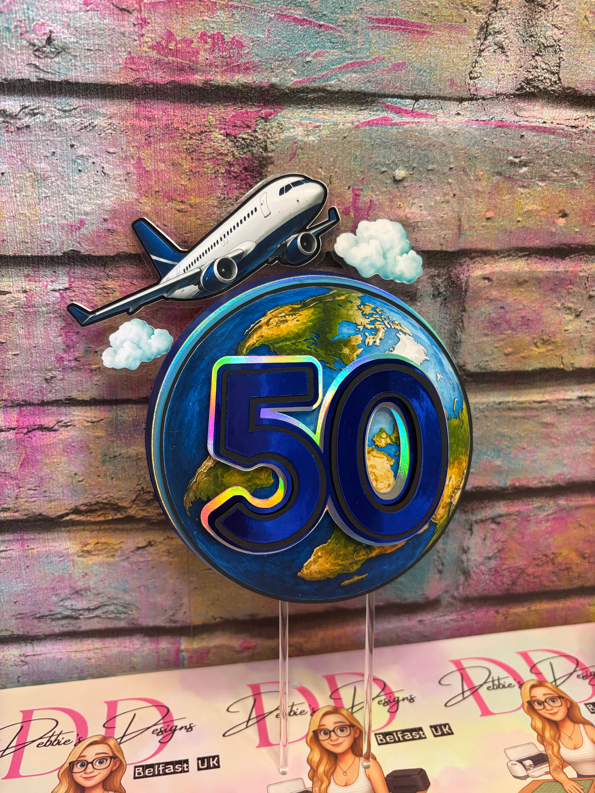 a sign with a plane and earth on it