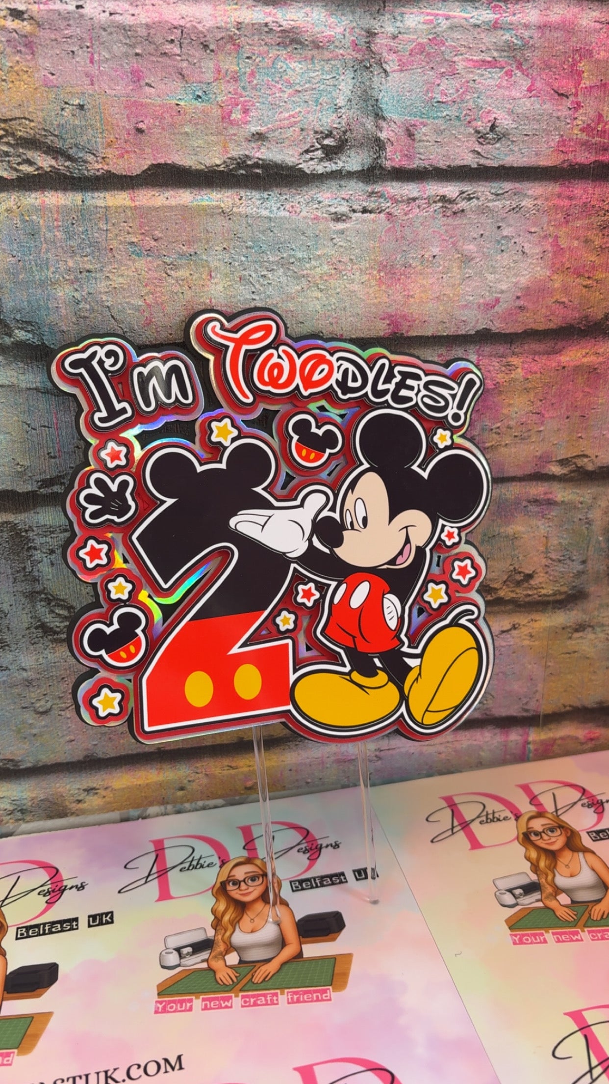 Mouse Inspired 2nd Birthday Cake Topper – Custom Name & Age – Red Black Theme Party Decoration – Two Toddlers Cake Topper