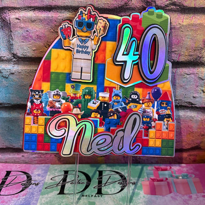 Building Blocks Cake Topper – Brick Theme Birthday Cake Decoration – Personalised Name & Age