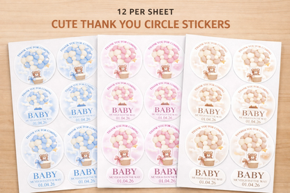 Baby Shower Thank You Stickers – Personalised Baby Balloon Design – 2 Inch Round Sticker Sheets (12 Per Sheet)