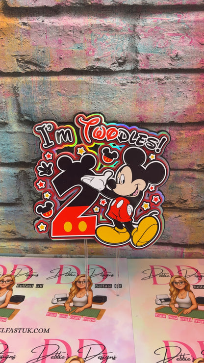 Mouse Inspired 2nd Birthday Cake Topper – Custom Name & Age – Red Black Theme Party Decoration – Two Toddlers Cake Topper