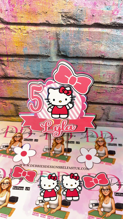 Cute Cat Cake Topper Personalised | Pink Bow Birthday Cake Decoration | Custom Name & Age Party Topper | Girls Birthday Cake Decor