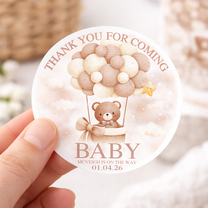 Baby Shower Thank You Stickers – Personalised Baby Balloon Design – 2 Inch Round Sticker Sheets (12 Per Sheet)