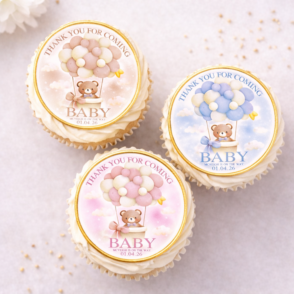 Baby Shower Cupcake Toppers – Teddy Bear Balloon Theme – Pink Blue Neutral – Personalised Cupcake Toppers (12 Pack)