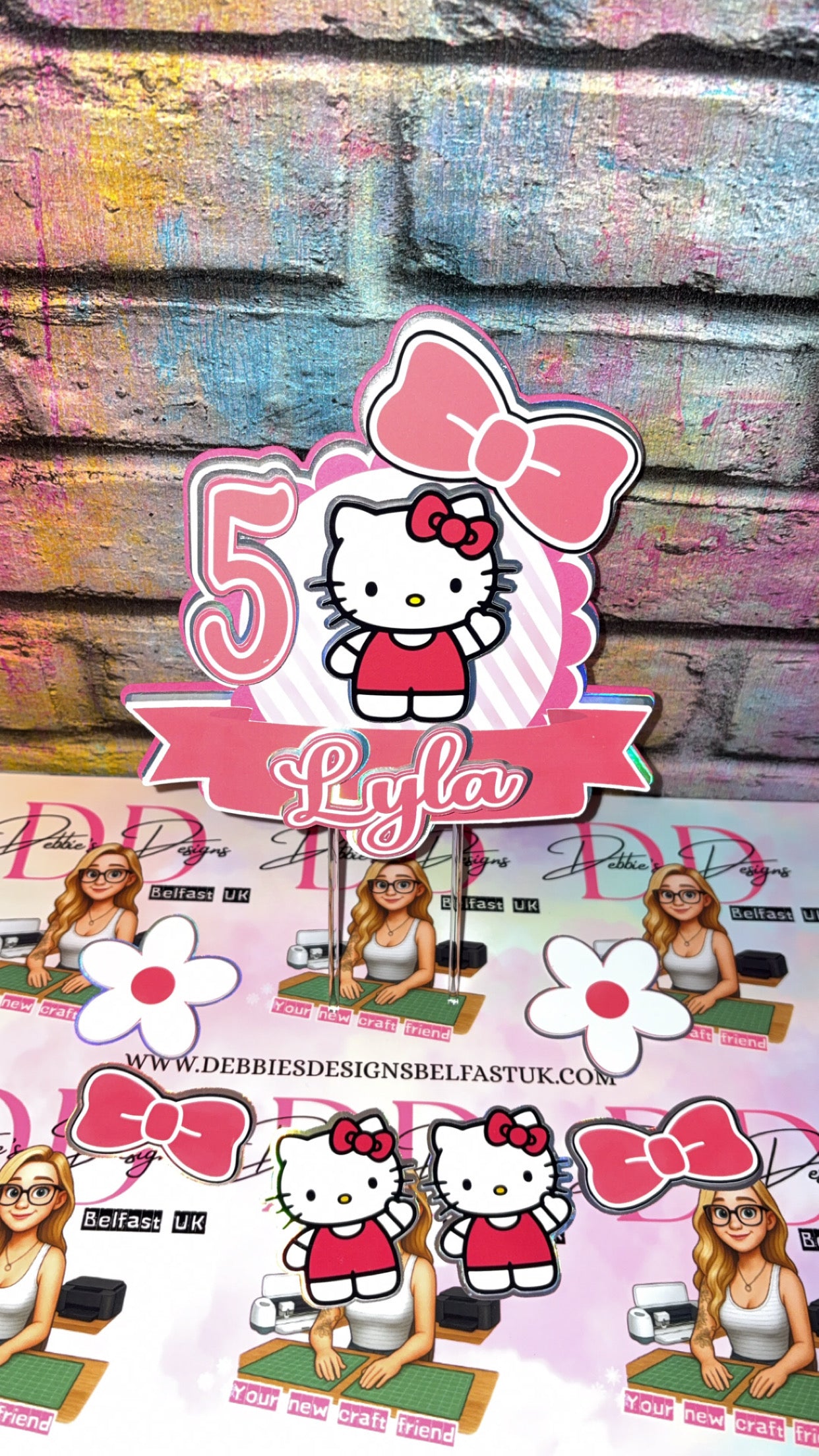 Cute Cat Cake Topper Personalised | Pink Bow Birthday Cake Decoration | Custom Name & Age Party Topper | Girls Birthday Cake Decor