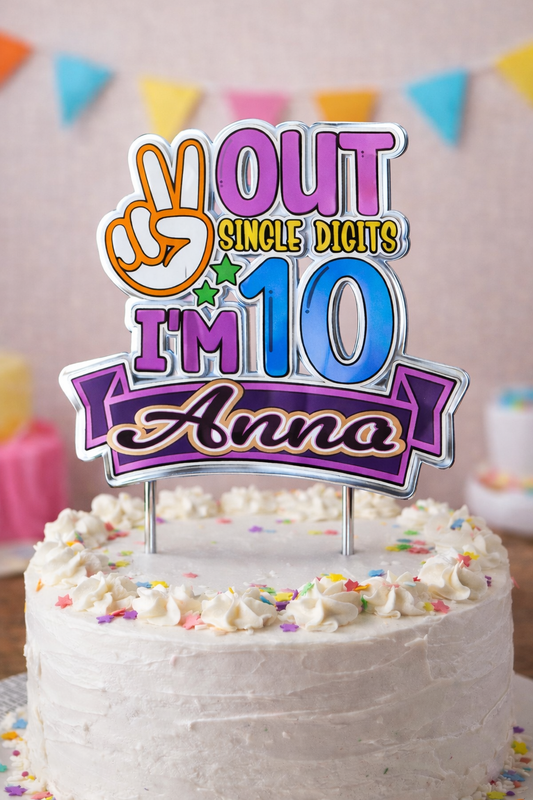 Out of Single Digits Cake Topper Personalised | 10th Birthday Cake Decoration | Custom Name Age 10 Party Topper | Kids Birthday Decor