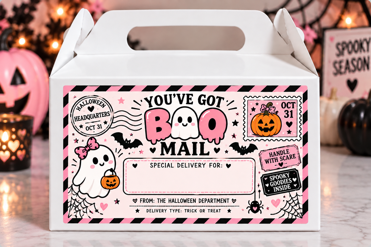 a white box with a pink and black design