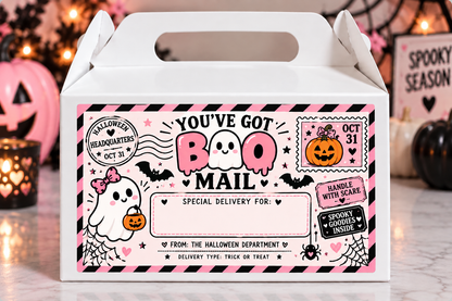 a white box with a pink and black design