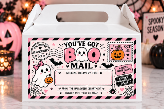 a white box with a pink and black design