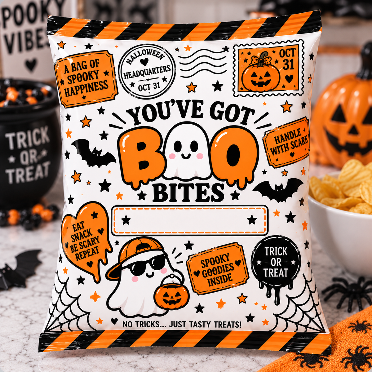 a bag of chips with a ghost and bats on it