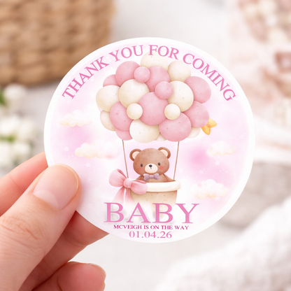 Baby Shower Thank You Stickers – Personalised Baby Balloon Design – 2 Inch Round Sticker Sheets (12 Per Sheet)