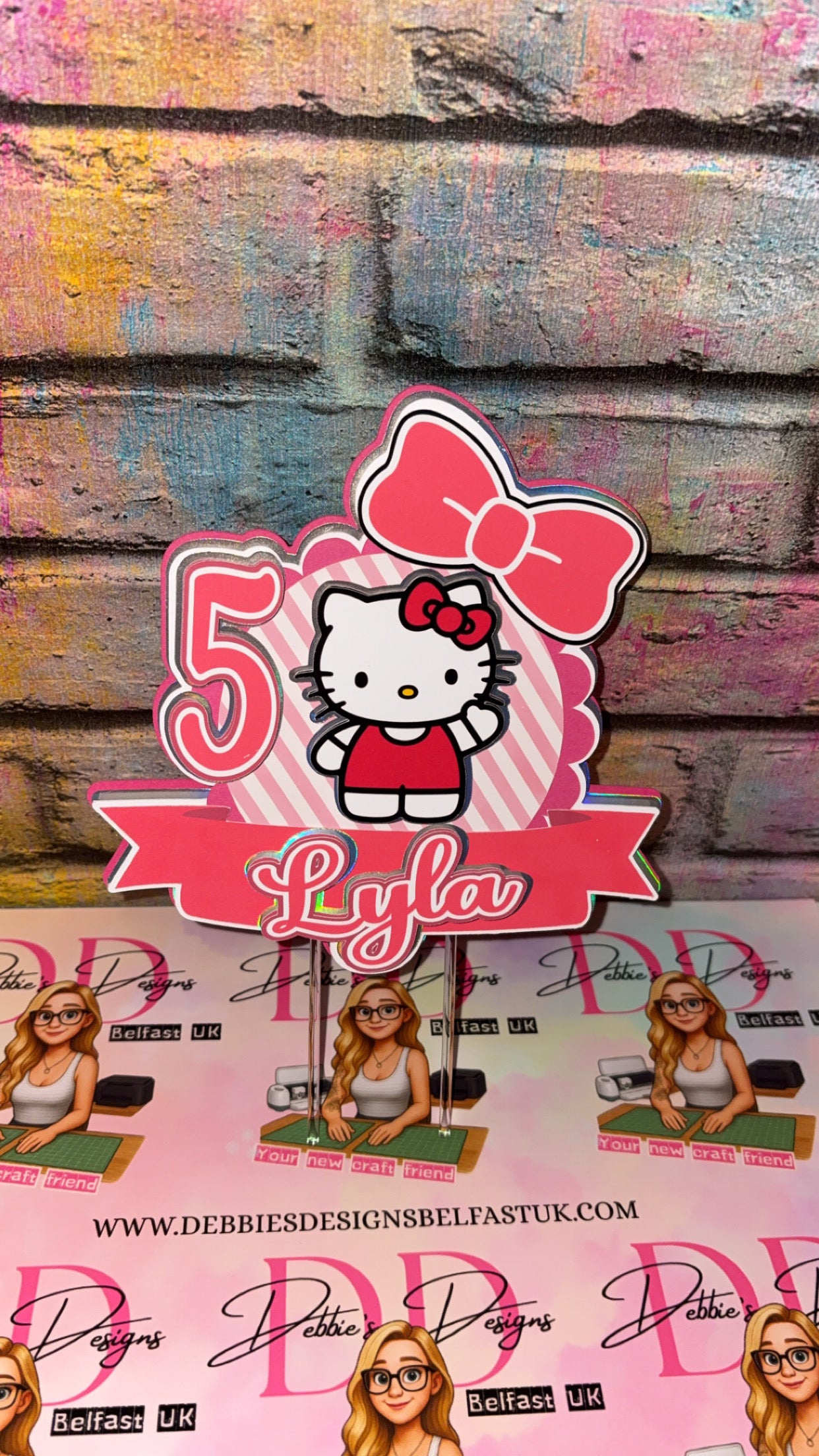 Cute Cat Cake Topper Personalised | Pink Bow Birthday Cake Decoration | Custom Name & Age Party Topper | Girls Birthday Cake Decor