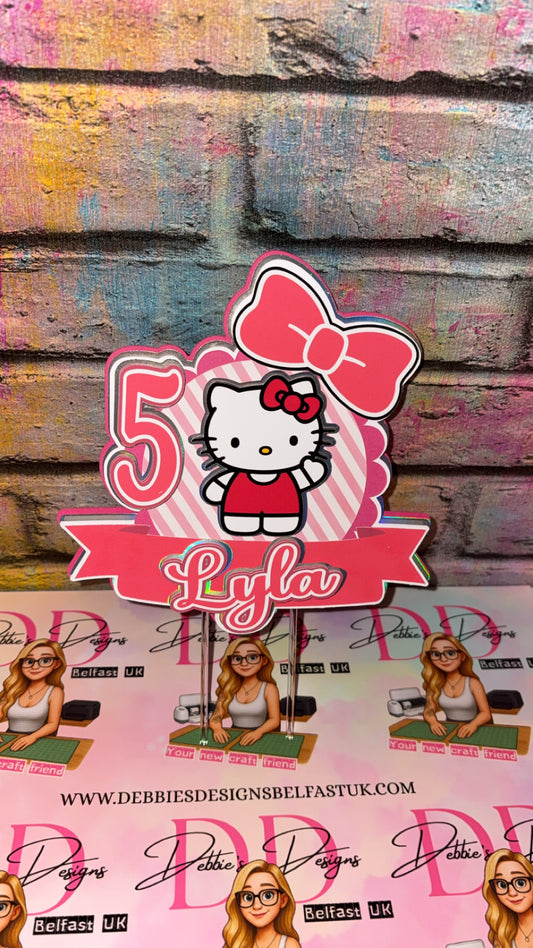 Cute Cat Cake Topper Personalised | Pink Bow Birthday Cake Decoration | Custom Name & Age Party Topper | Girls Birthday Cake Decor