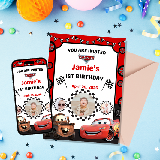 Race Car Birthday Invitation – Personalised Kids Racing Party Invite with Photo – First Birthday Invitation