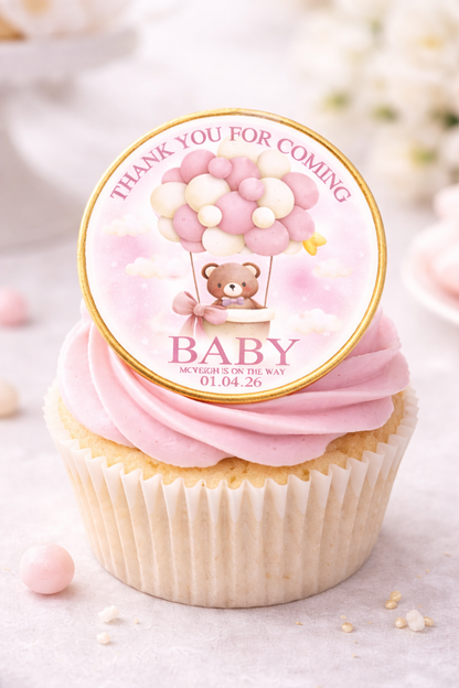 Baby Shower Cupcake Toppers – Teddy Bear Balloon Theme – Pink Blue Neutral – Personalised Cupcake Toppers (12 Pack)