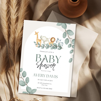 Safari Baby Shower Invitations Personalised Neutral Baby Shower Invite Greenery Animal Theme Baby Shower Invite Printed or Digital