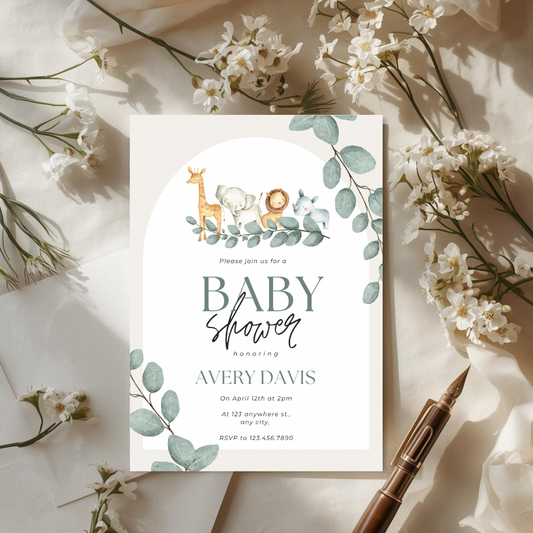 Safari Baby Shower Invitations Personalised Neutral Baby Shower Invite Greenery Animal Theme Baby Shower Invite Printed or Digital
