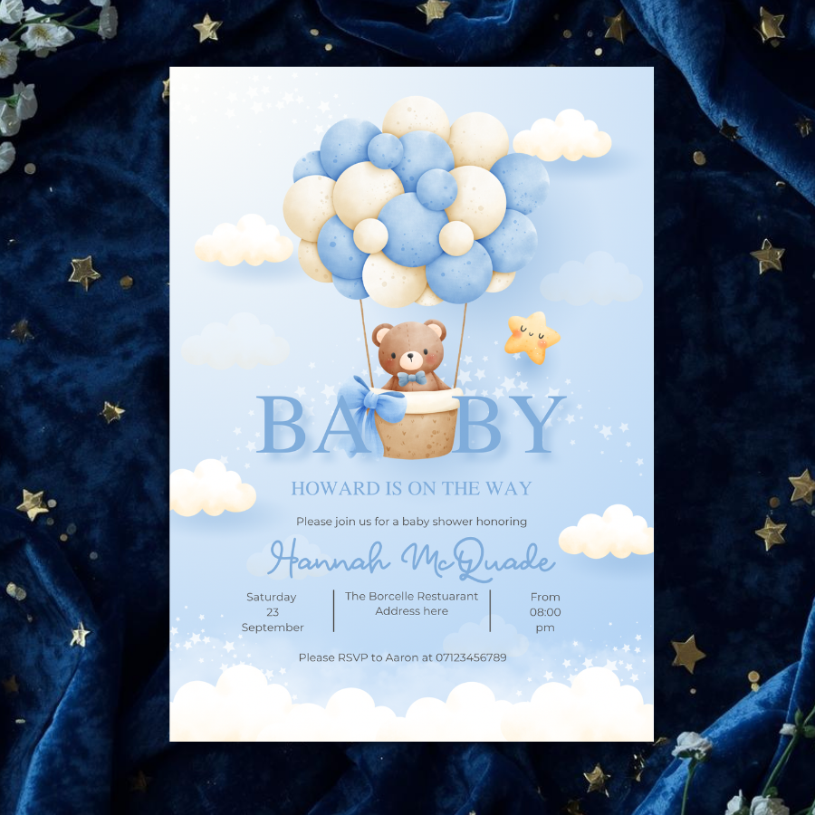 Baby Boy Shower Invitations Personalised Teddy Bear Balloon Baby Shower Invite Blue Baby Invite Printed or Digital