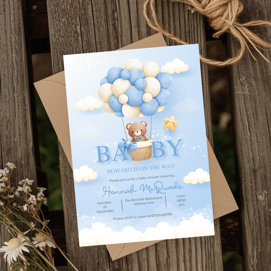 Baby Boy Shower Invitations Personalised Teddy Bear Balloon Baby Shower Invite Blue Baby Invite Printed or Digital