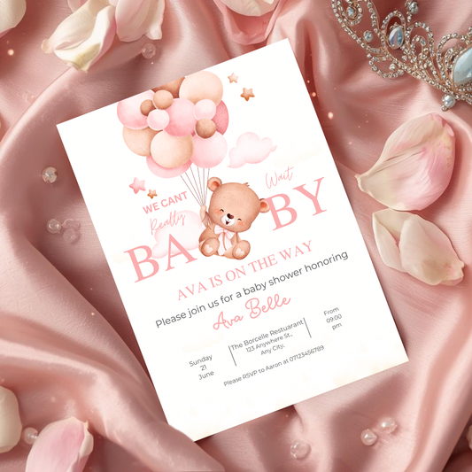 Baby Shower Invitations Girl – Teddy Bear Balloons Pink Baby Shower Invite Cards Personalised