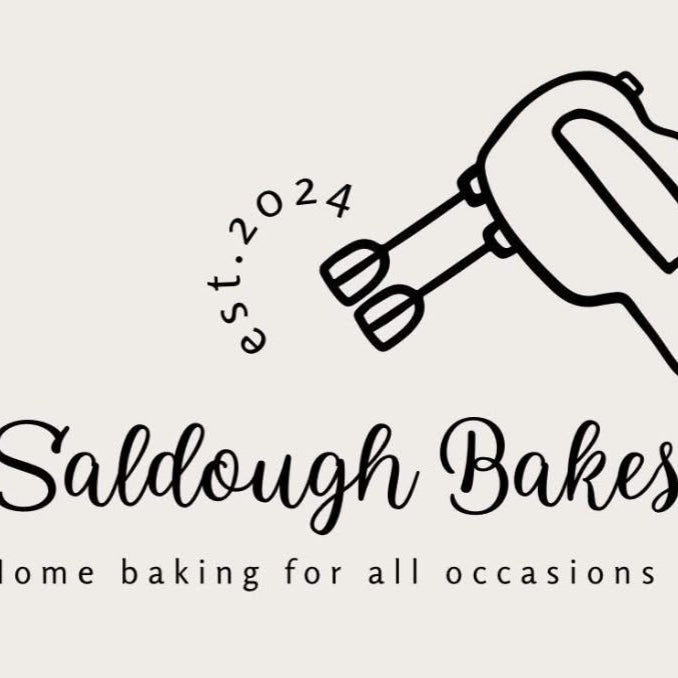 a black and white logo with text and a hand mixer