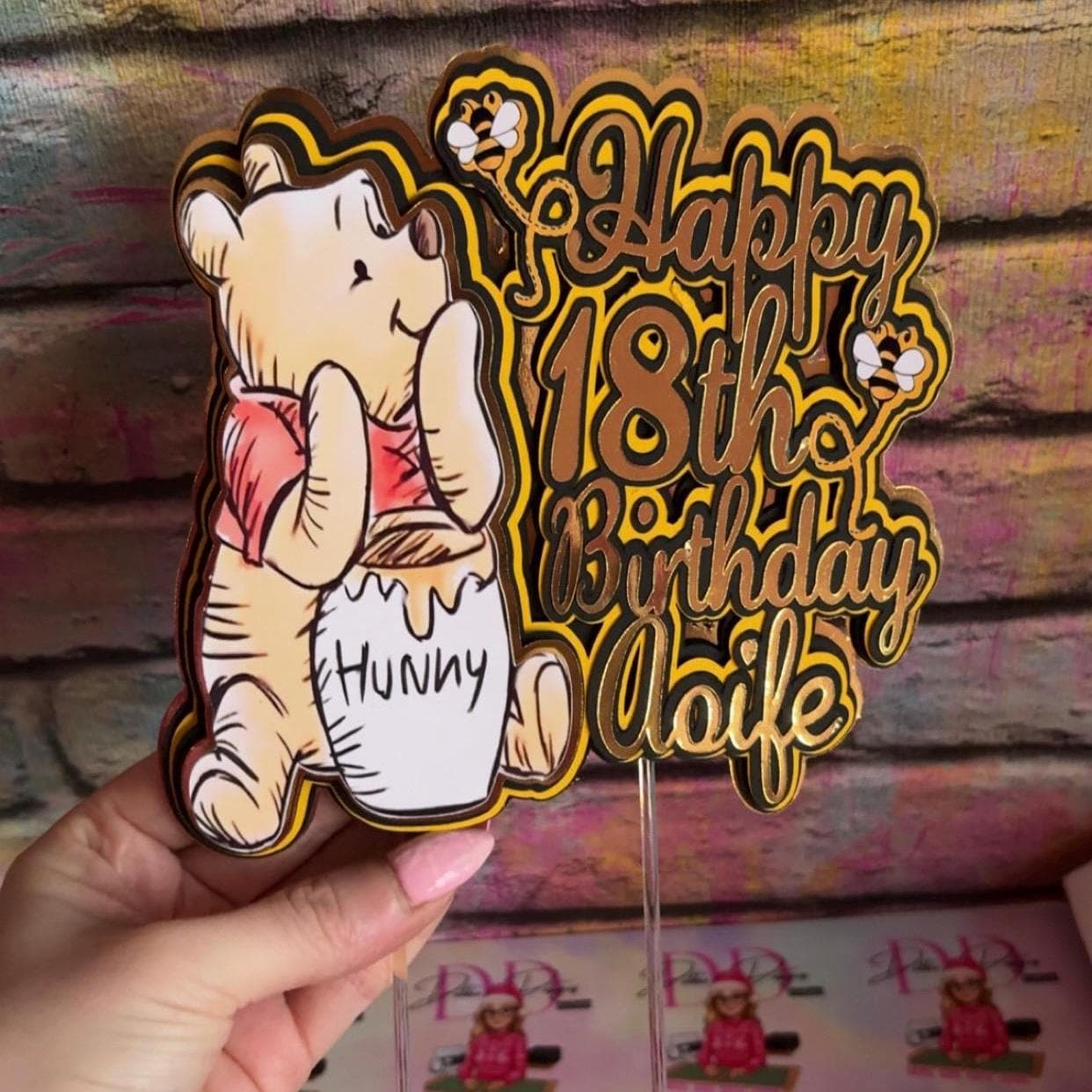 Bear & Honey Cake Topper – Storybook Bear Birthday Cake Decoration – Personalised Name & Age