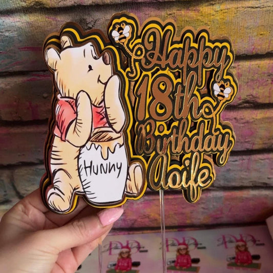 Bear & Honey Cake Topper – Storybook Bear Birthday Cake Decoration – Personalised Name & Age