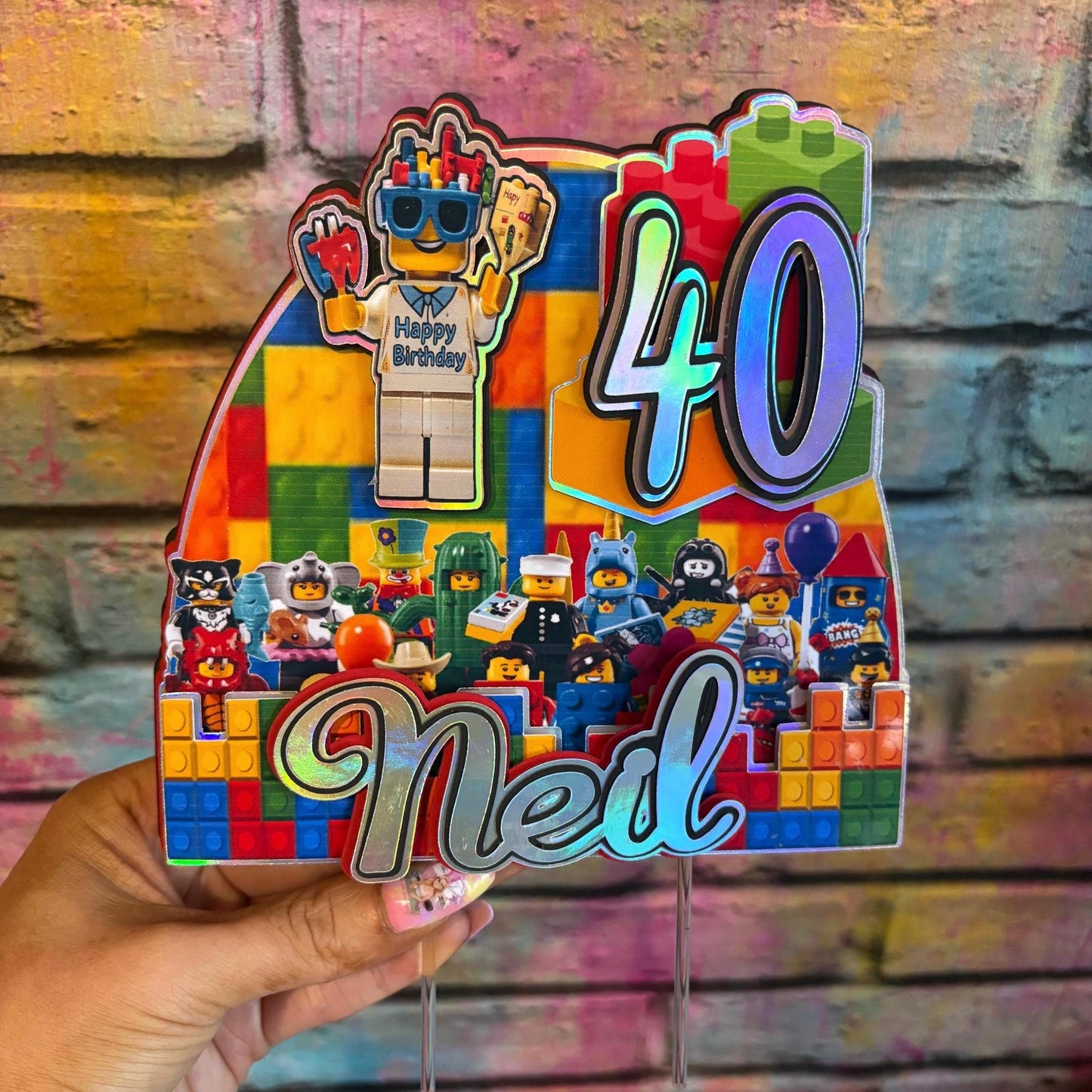 Building Blocks Cake Topper – Brick Theme Birthday Cake Decoration – Personalised Name & Age