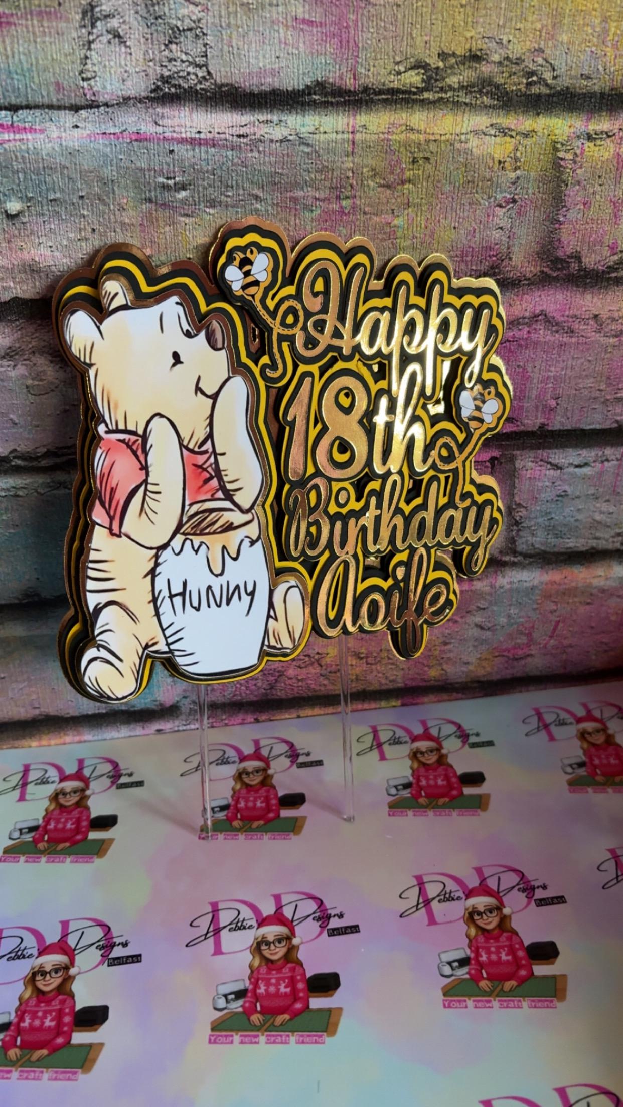 Bear & Honey Cake Topper – Storybook Bear Birthday Cake Decoration – Personalised Name & Age