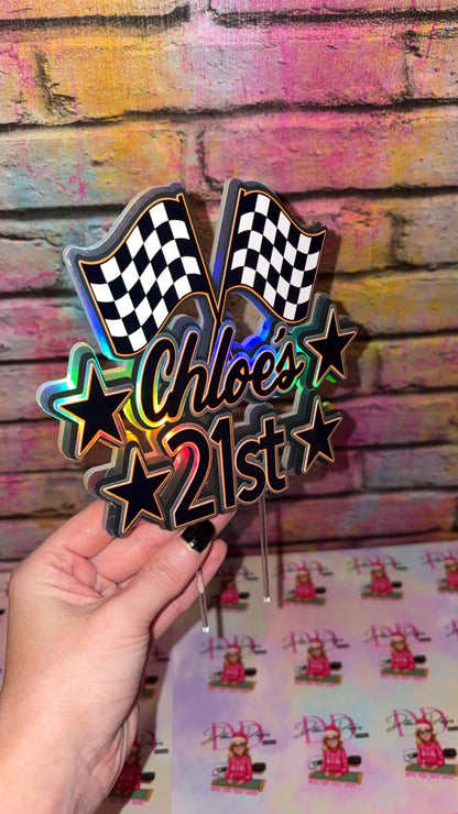 Personalised Racing Cake Topper – Race Car Birthday Cake Decoration – Name Age & Checkered Flags