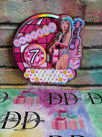 Pink Pop Star Cake Topper – Pop Concert Birthday Cake Decoration – Personalised Name & Age