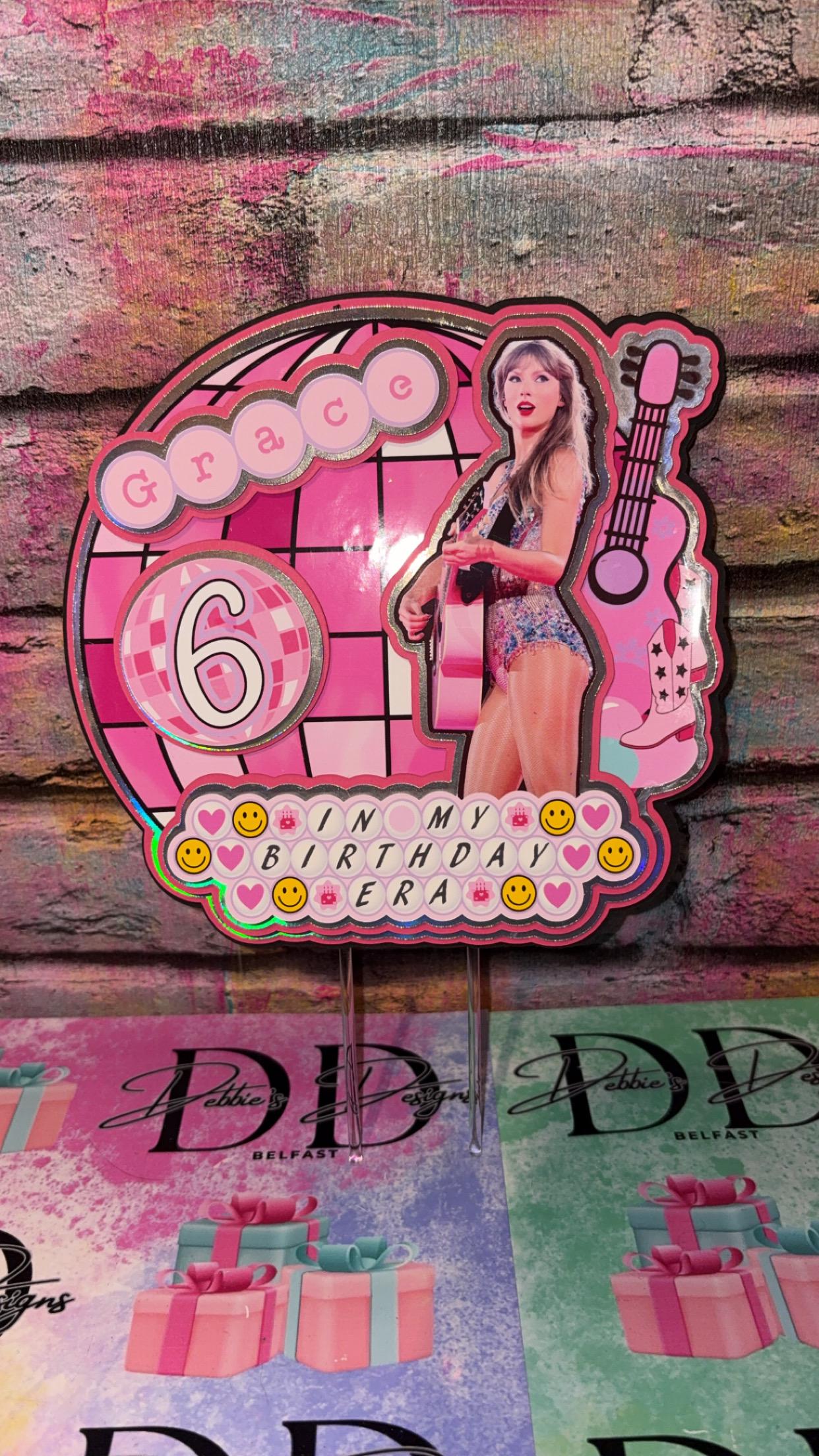 Pink Pop Star Cake Topper – Pop Concert Birthday Cake Decoration – Personalised Name & Age