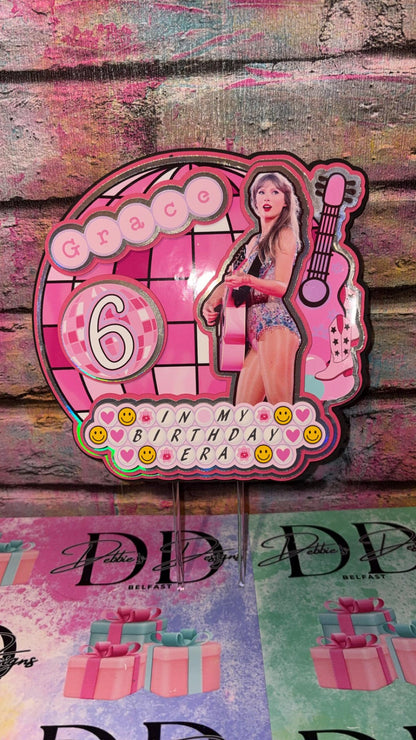 Pink Pop Star Cake Topper – Pop Concert Birthday Cake Decoration – Personalised Name & Age