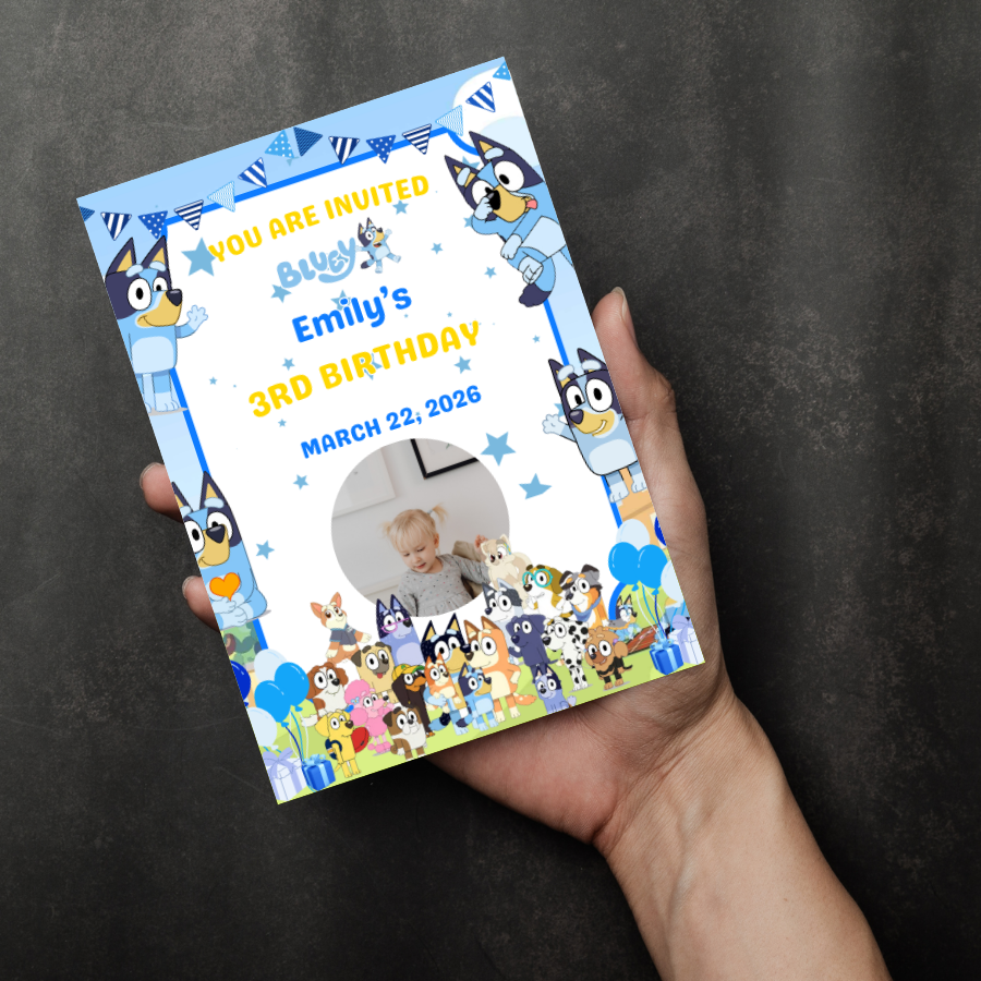 Personalised Cartoon Dog Birthday Invitation – Kids Photo Party Invite – Custom 1st 2nd 3rd Birthday Invitation – Printable or Printed Cards