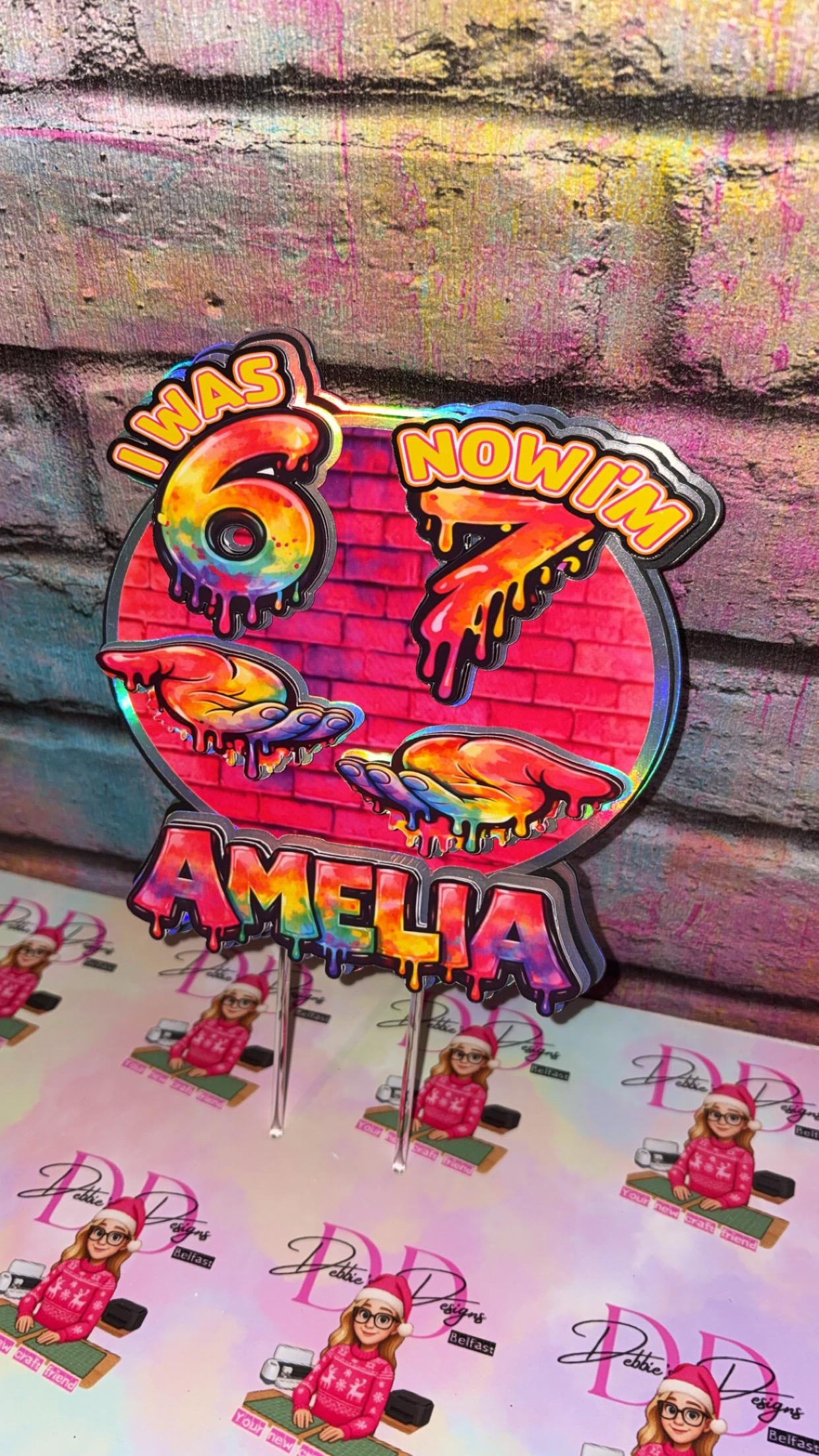 I Was 6 Now I’m 7 Cake Topper – Personalised Graffiti 7th Birthday Decoration