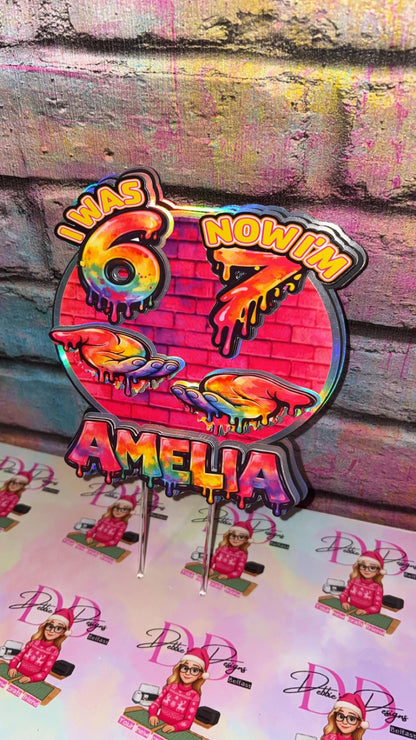 I Was 6 Now I’m 7 Cake Topper – Personalised Graffiti 7th Birthday Decoration