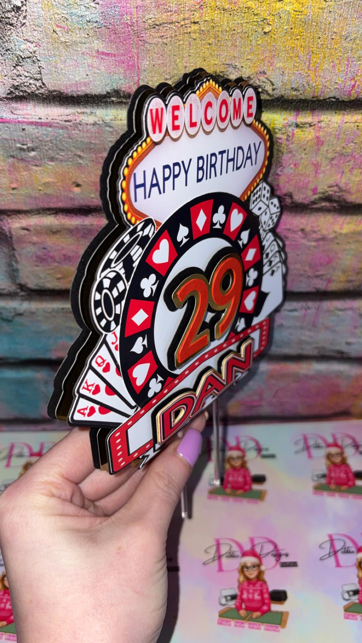 Vegas Casino Cake Topper – Personalised Las Vegas Birthday Cake Decoration – Poker Cards Dice Slot Machine Theme