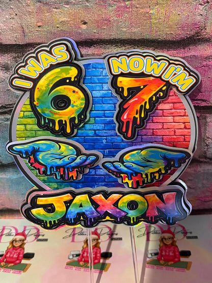 I Was 6 Now I’m 7 Cake Topper – Personalised Graffiti 7th Birthday Decoration