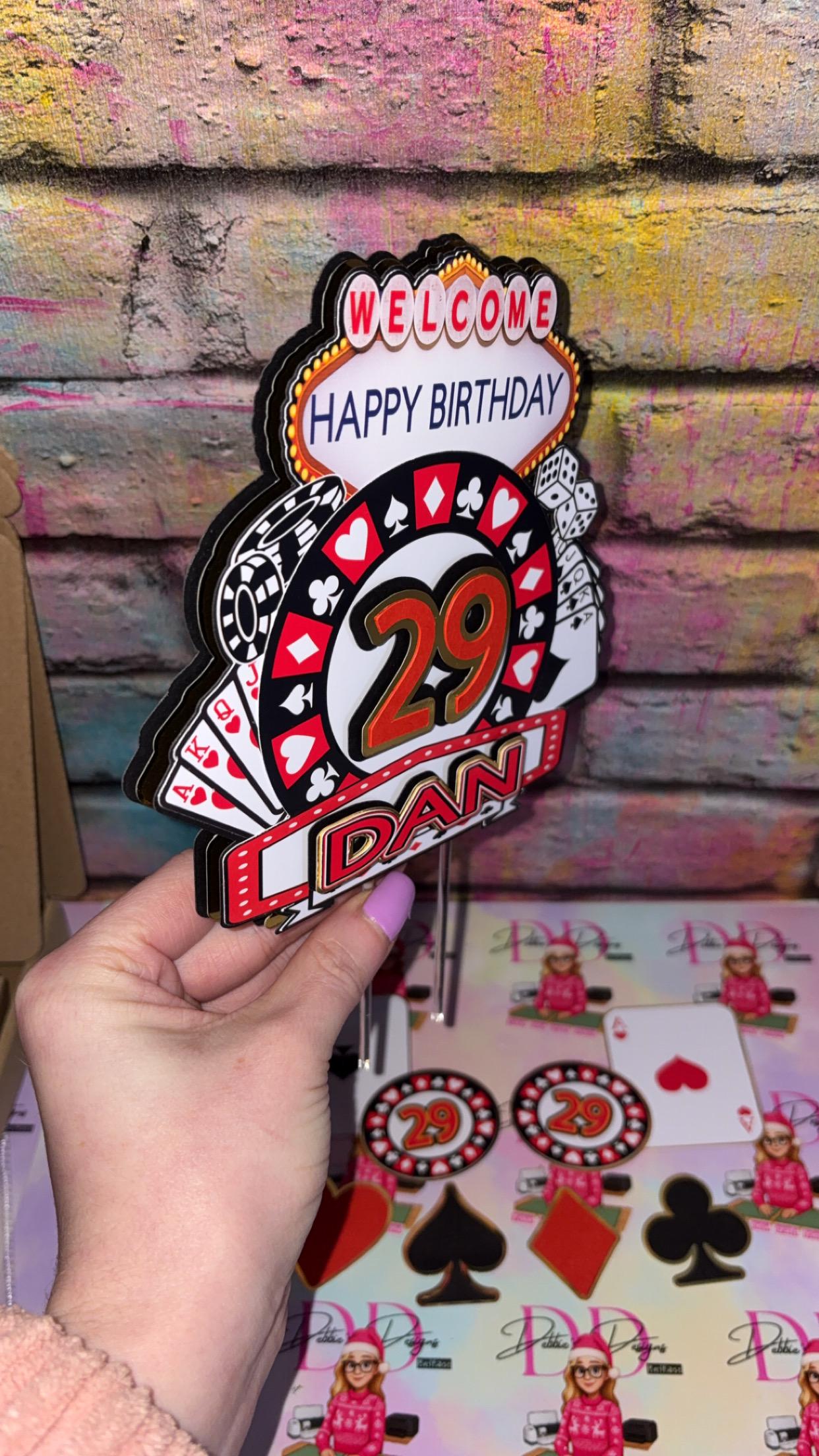 Vegas Casino Cake Topper – Personalised Las Vegas Birthday Cake Decoration – Poker Cards Dice Slot Machine Theme