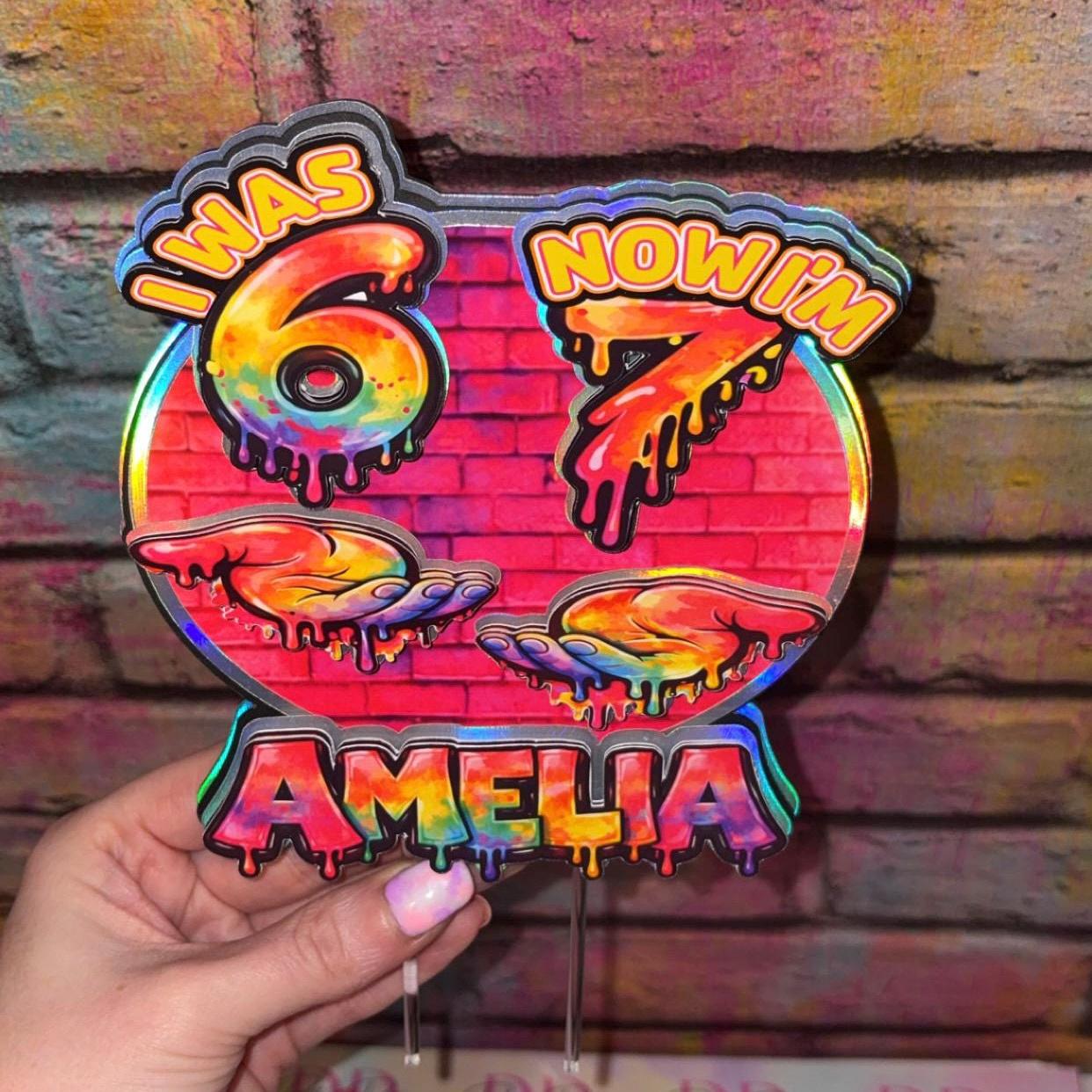 I Was 6 Now I’m 7 Cake Topper – Personalised Graffiti 7th Birthday Decoration