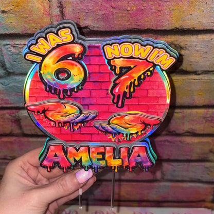 I Was 6 Now I’m 7 Cake Topper – Personalised Graffiti 7th Birthday Decoration