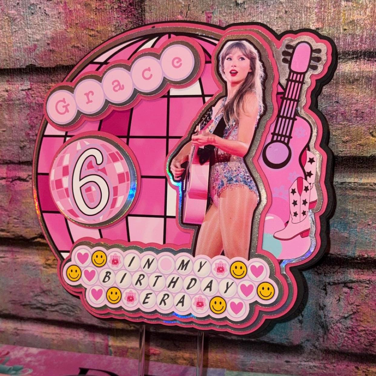 Pink Pop Star Cake Topper – Pop Concert Birthday Cake Decoration – Personalised Name & Age