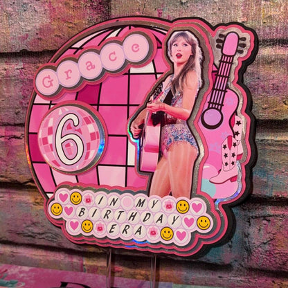 Pink Pop Star Cake Topper – Pop Concert Birthday Cake Decoration – Personalised Name & Age