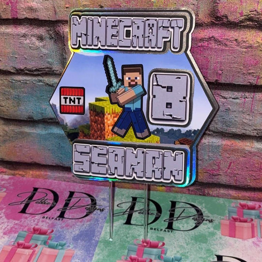 Pixel Game Cake Topper – Block Game Birthday Cake Decoration – Personalised Name & Age