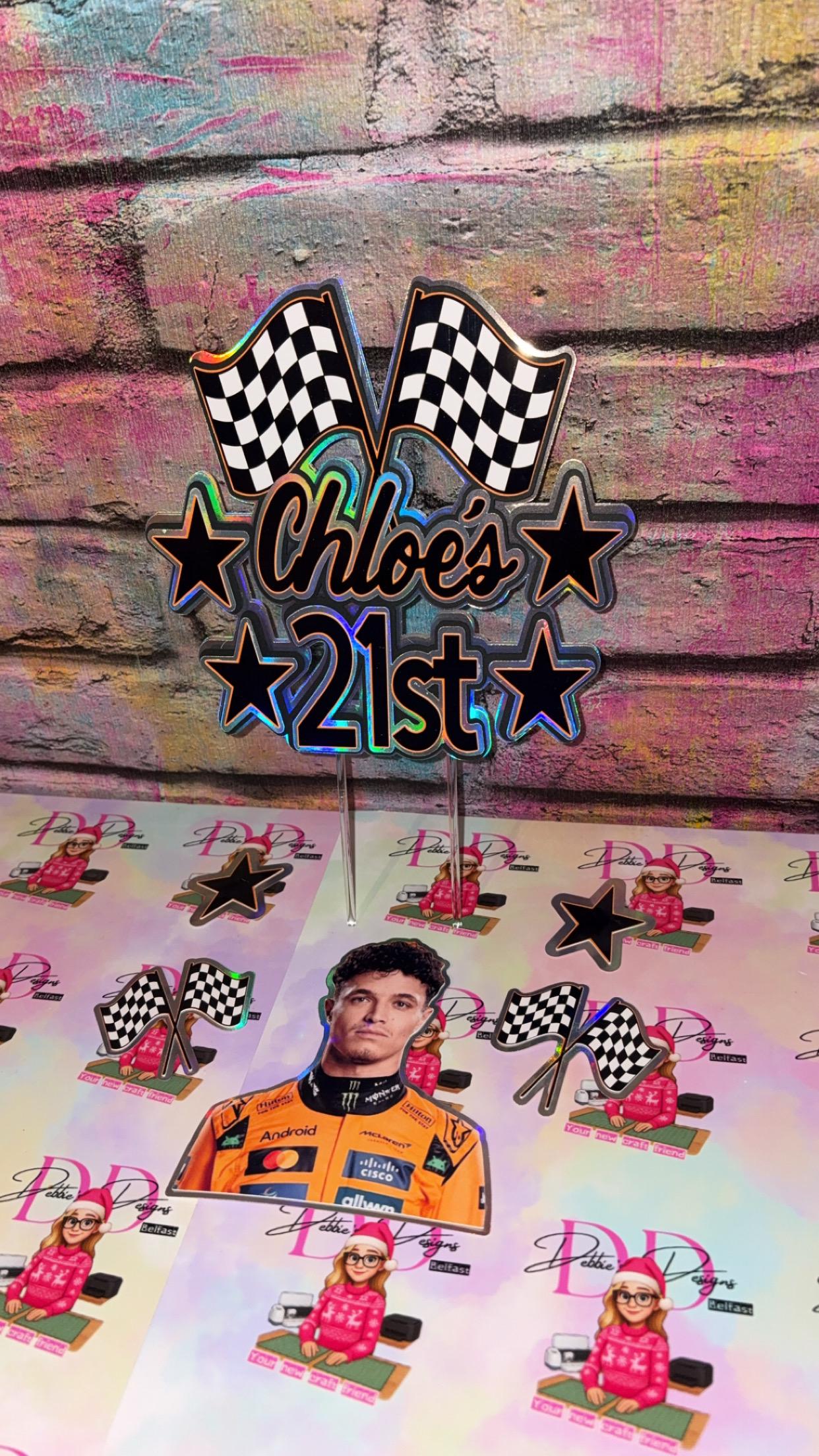 Personalised Racing Cake Topper – Race Car Birthday Cake Decoration – Name Age & Checkered Flags