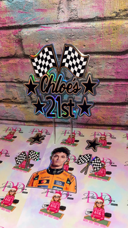 Personalised Racing Cake Topper – Race Car Birthday Cake Decoration – Name Age & Checkered Flags