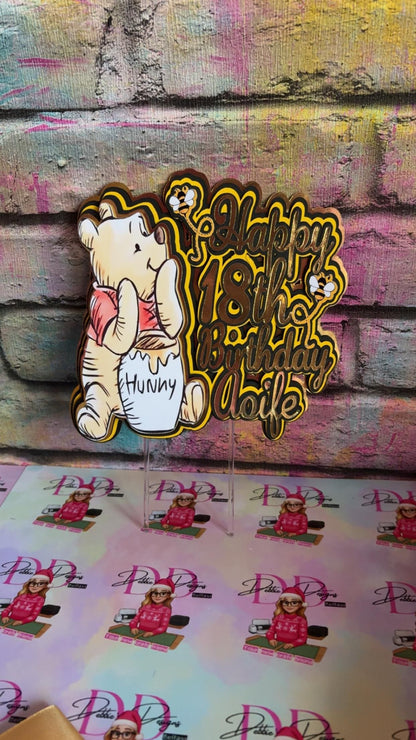 Bear & Honey Cake Topper – Storybook Bear Birthday Cake Decoration – Personalised Name & Age