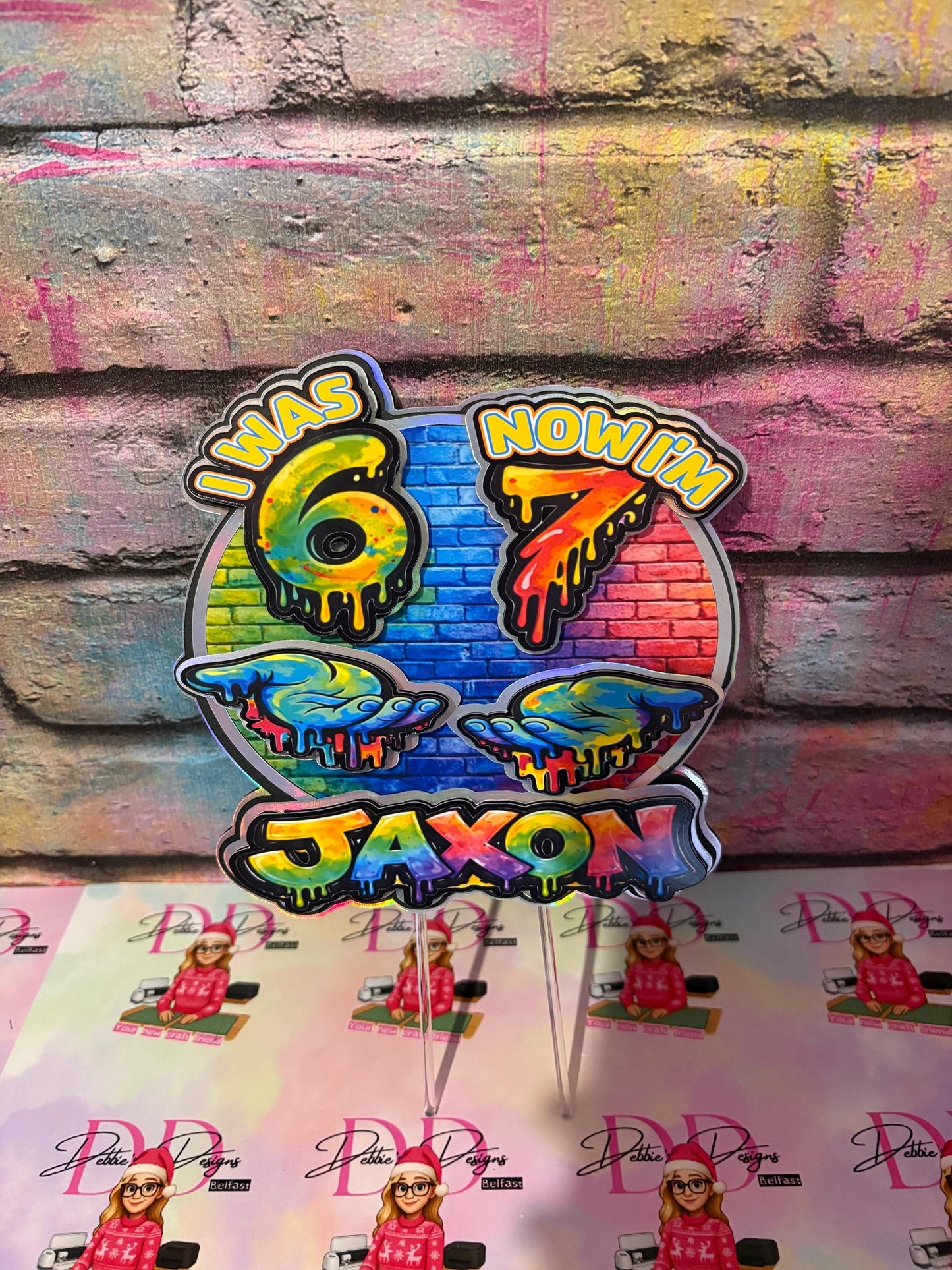 I Was 6 Now I’m 7 Cake Topper – Personalised Graffiti 7th Birthday Decoration