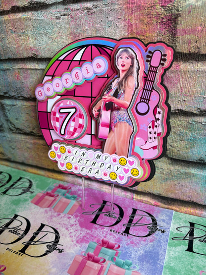 Pink Pop Star Cake Topper – Pop Concert Birthday Cake Decoration – Personalised Name & Age