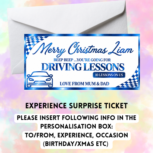a white envelope with a blue and white card with text